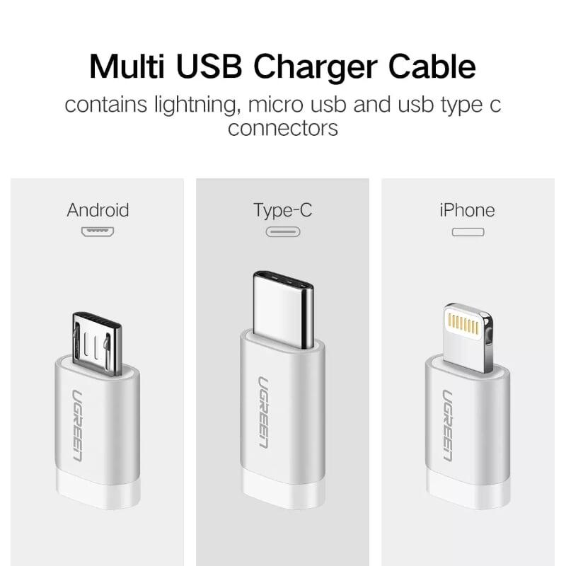 Ugreen UG30783US186TK 0.5M màu Đen Cáp sạc đa năng USB sang TypeC + Micro + Lightning - HÀNG CHÍNH HÃNG