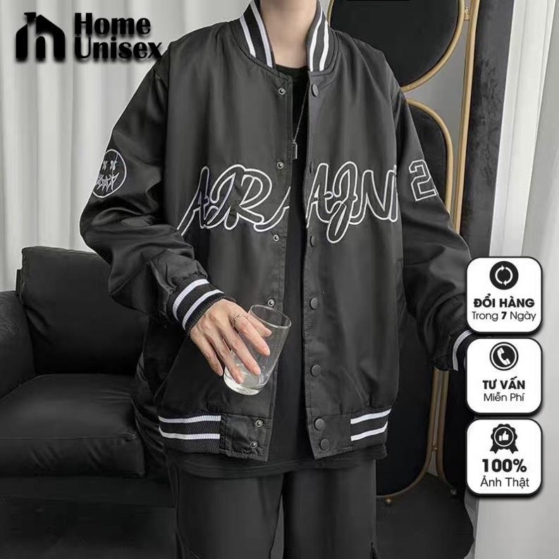 Hình ảnh Bomber, áo khoác Ar gió 2 lớp form rộng unisex cực chất, Áo Khoác Nữ, Áo Khoác Bomber AR Chất Nỉ Ngoại 2 Màu Đen/Trắng Fom To