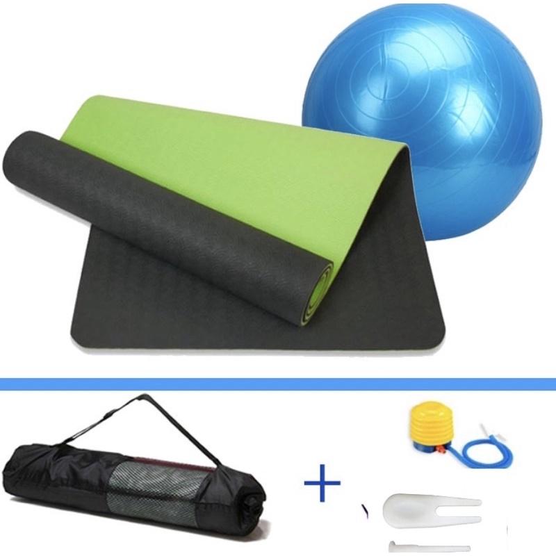 Combo thảm tập yoga TPE 6mm 2 lớp + bóng tập yoga 65cm cao cấp (Tặng túi đựng thảm và bơm bóng