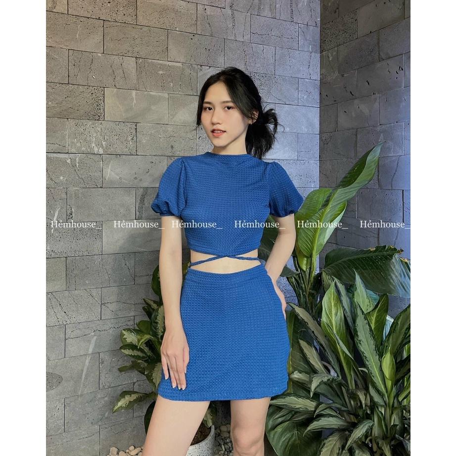 Chân váy xòe dài bản eo cao màu xanh coban  C1130