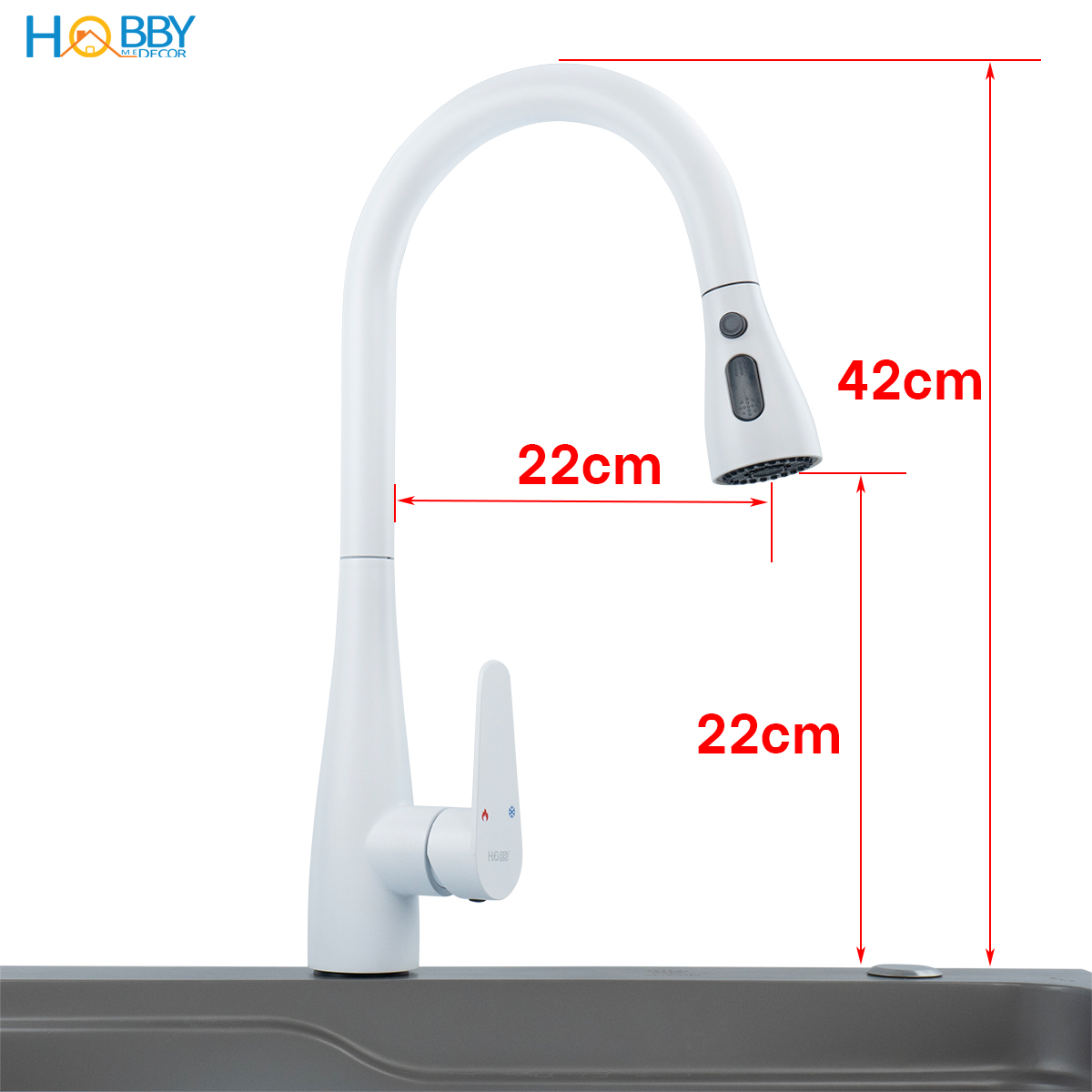 Vòi rửa chén dây rút nóng lạnh 3 chế độ phun Hobby home decor VDR8 inox 304 sơn trắng