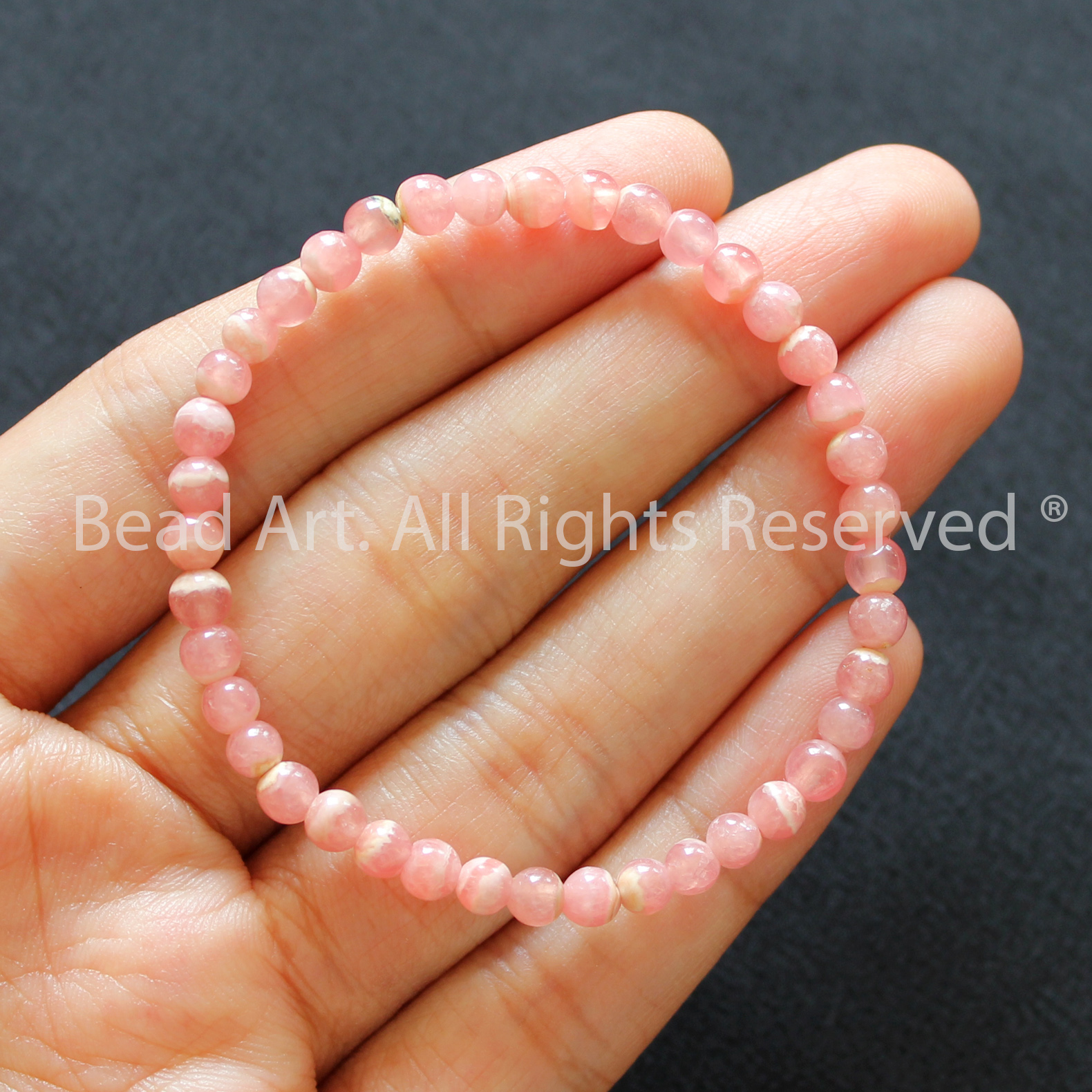 Vòng Tay 4MM Đá Đào Hoa Tự Nhiên Màu Hồng, Rhodochrosite Loại A Vân Trắng, Vòng Tay Phong Thuỷ, Chuỗi Hạt, Mệnh Hoả, Thổ - Bead Art