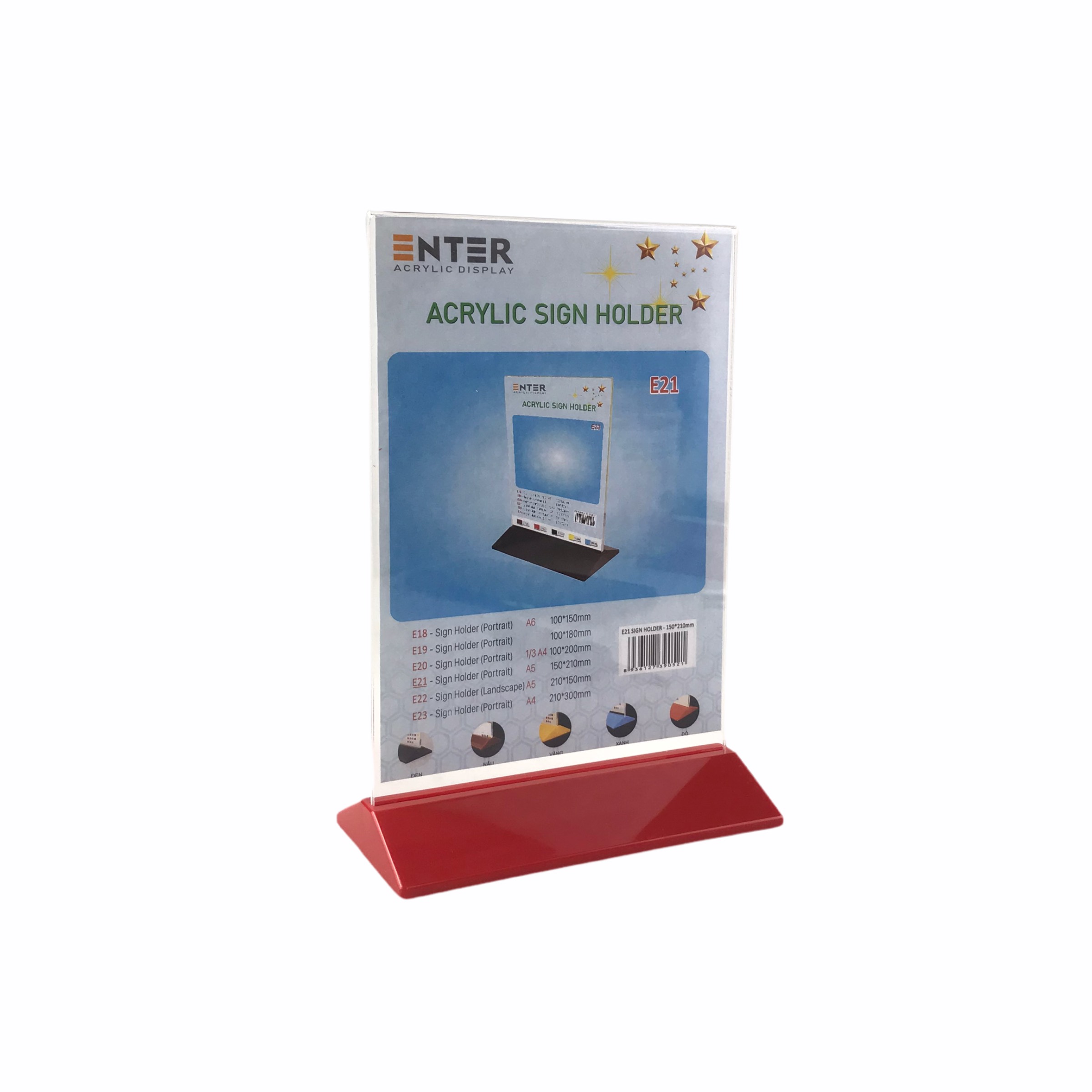 Kệ mica 2 mặt Enter E21 150x210mm đế màu A5 đứng, Kệ menu nhà hàng, Standee mica để bàn, Bảng quét mã QR Code