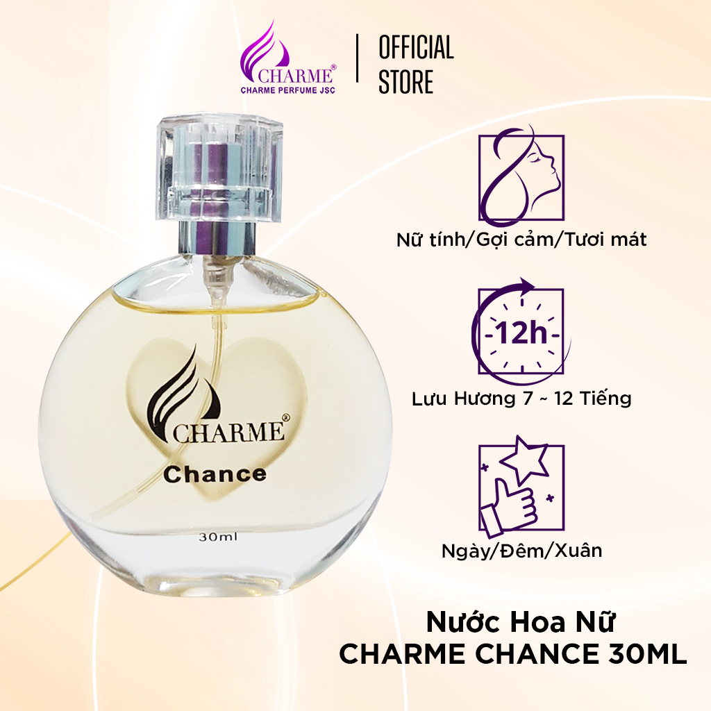 Nước hoa nữ thơm lâu, Charme Chance, mùi hương vani, mang phong cách nữ tính, gợi cảm, lưu hương lâu, 30ml