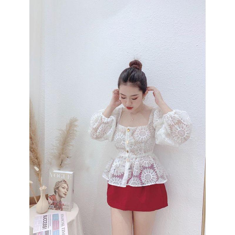Áo kiểu, Áo ren, hoa nổi peplum tay bồng hai lớp hàng đẹp