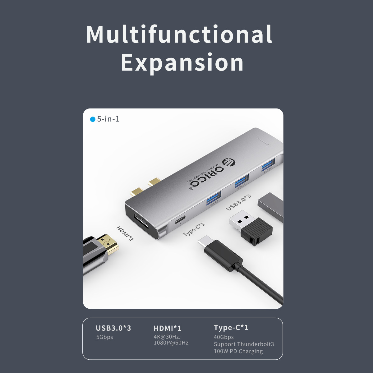 Hub chuyển đổi USB Type-C 5 trong 1 dành cho Macbook/Laptop ORICO 2CT-5H-GY1 Hàng Chính Hãng