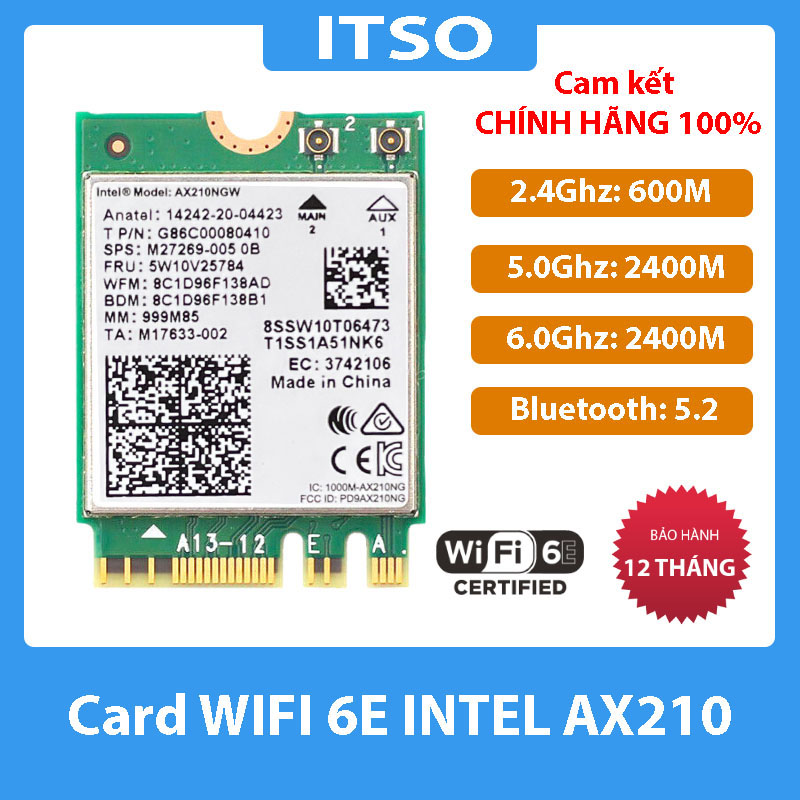 Card WIFI Intel WIFI 6E AX210 sử dụng cho laptop hỗ trợ 3 băng tần tích hợp Bluetooth 5.2 - Hàng nhập khẩu