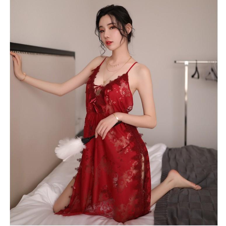 Đầm ngủ hai dây phối ren Sexy Girl - Đỏ