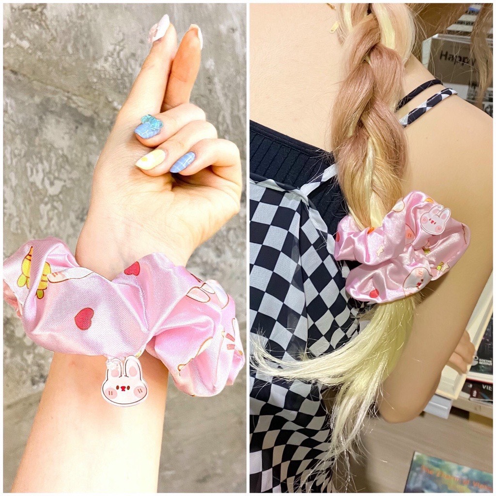 Dây Buộc Tóc Scrunchies lụa kèm charm siêu hot Hàn Quốc