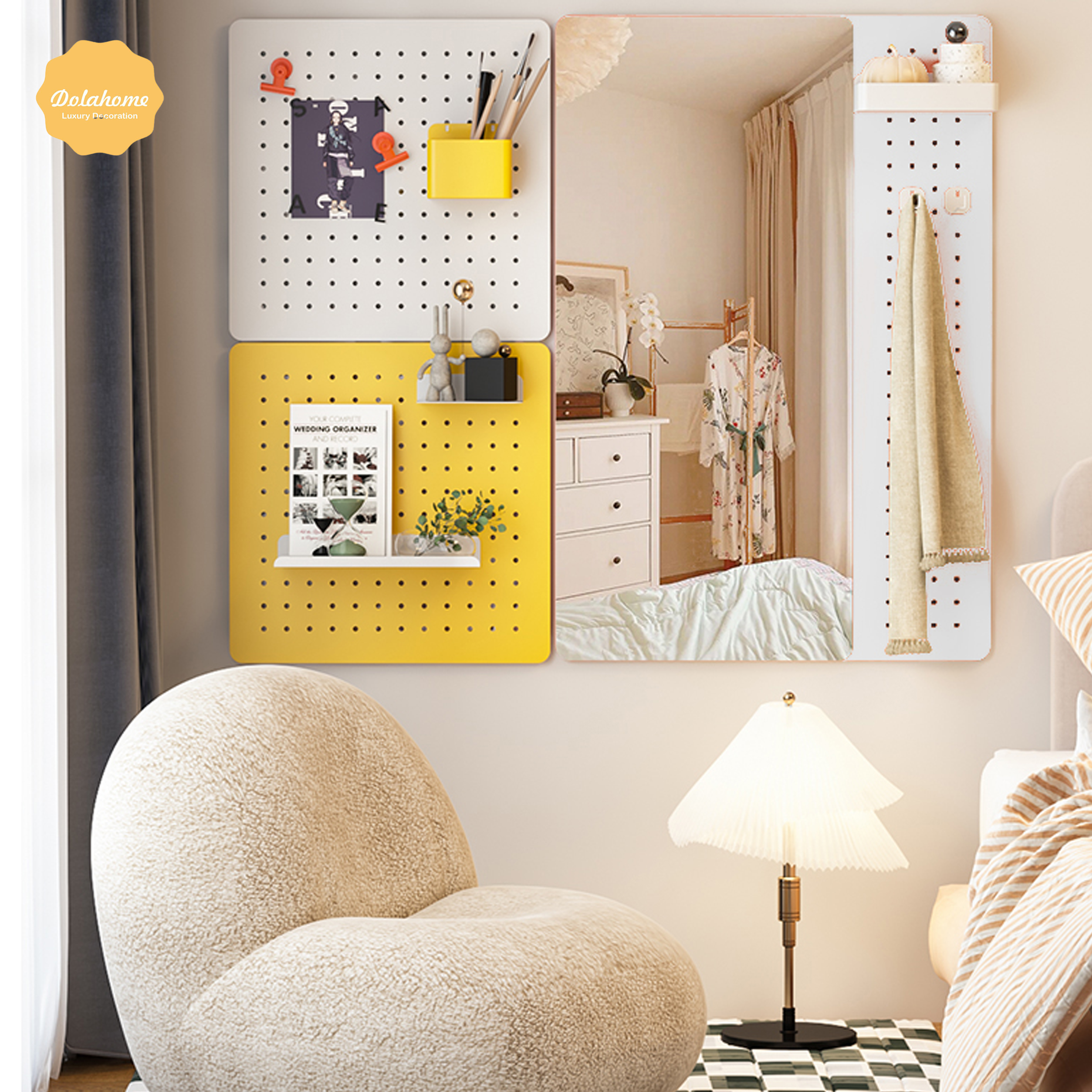 Bảng lỗ Pegboard treo tường tích hợp gương soi Dola Home kim loại cao cấp tiện dụng và trang trí nội thất