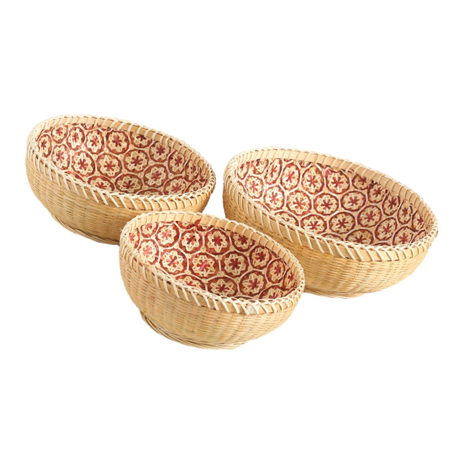 3x Bamboo Woven Basket Food Storage Tray Bread Basket Rattan Storage Basket