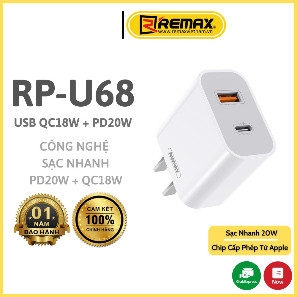 Củ Sạc Nhanh 20W Cho iPhone Remax RP-U68 Chuẩn QC3.0+PD - Hàng Chính Hãng