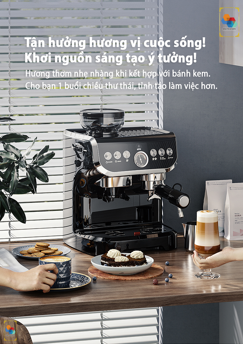 Máy pha cà phê Hitech CF07 tích hợp xay bột cà phê 15 mức, đánh bọt sữa, pha espresso 19 bar mạnh mẽ, 3 trong 1 tiện lợi, tặng kèm temper inox và vòng đệm xay, hàng chính hãng