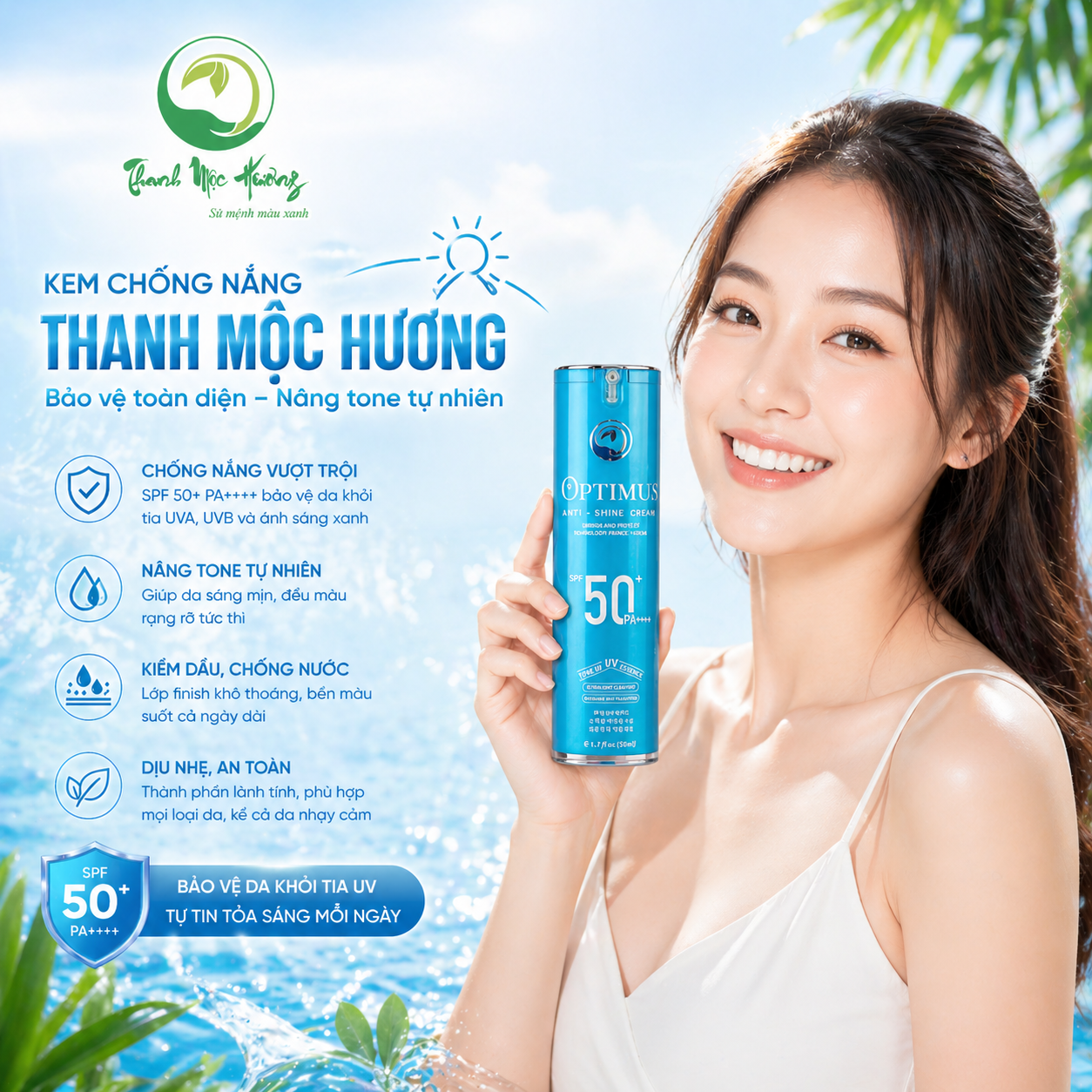 Kem Chống Nắng Thanh Mộc Hương Optimus Anti Shine Chống Trôi Nâng Tone Bảo Vệ Da SPF50+ PA++++ 50ml