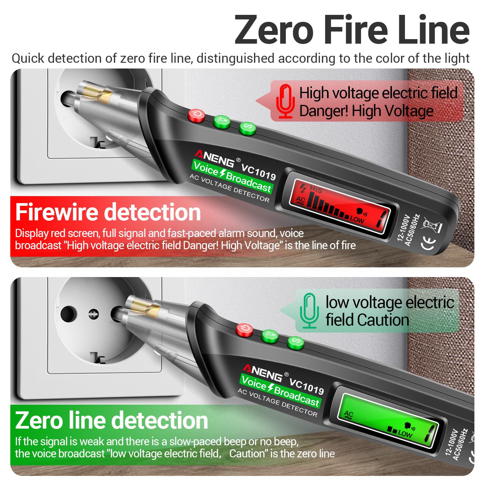 ANENG VC1019 LCD Digital Test Pen Non-contact Voice Broadcast Tester Pen Sensitivity Adjustable with Laser Indicator Sound/Light Alarm Flashlight