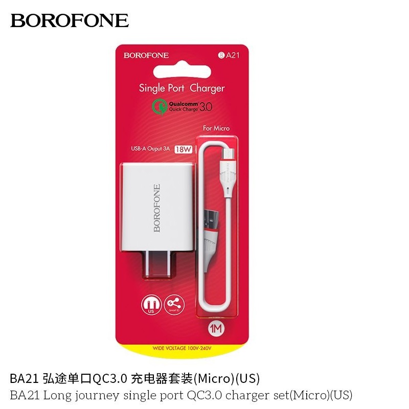 Bộ sạc nhanh 18W 3A Quick chagre 3.0 BOROFONE BA21 cho android chân Type C và Micro Usb, hỗ trợ sạc nhanh 50% pin trong 30p có chip điều chỉnh dòng điện - Hàng Chính Hãng