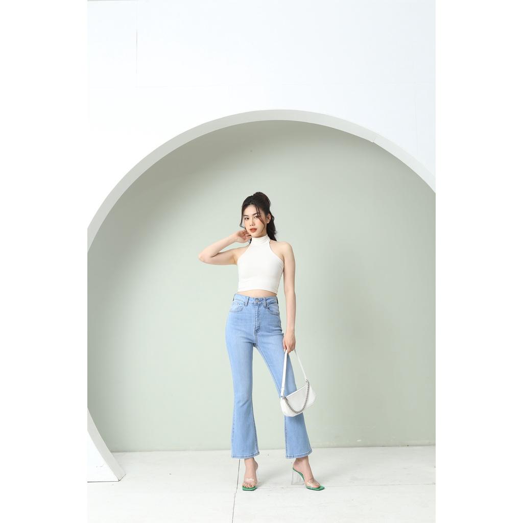 Quần Jean Nữ Ống Loe Cạp Cao Co Giãn Trơn Gấu Thường CT JEANS