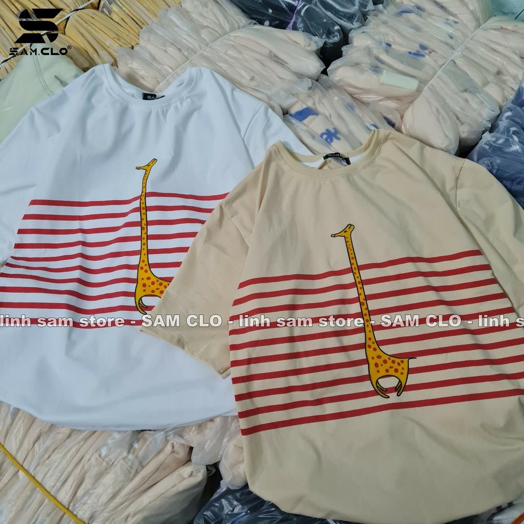 Áo thun tay lỡ nữ freesize phông form rộng dáng Unisex - Ulzzang mặc cặp, nhóm, lớp sọc in hình HƯƠU CAO CỔ