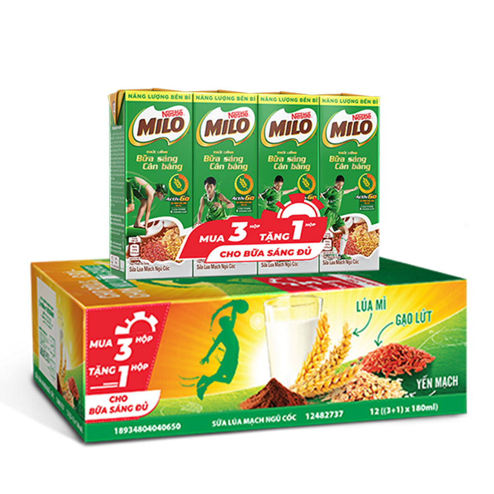 Sữa Lúa Mạch Nestlé Milo Bữa Sáng Thùng 36 Hộp x 180ml (12x3x180ml) - [Tặng Túi Đeo Chéo Hình Giày - Giao mẫu ngẫu nhiên]