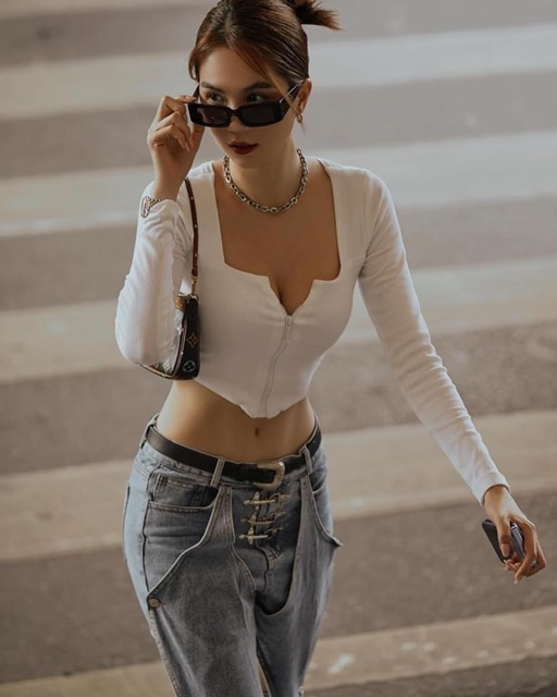 Áo croptop khoá kéo dài tay chất thun Borip 4 chiều Free Size dưới 53kg dành cho nữ cá tính trẻ trung năng động