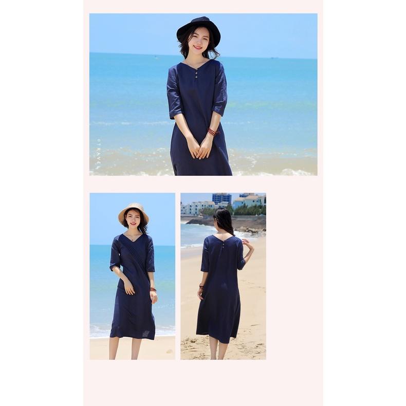 Đầm suông linen tay lỡ cổ chữ V trần trước, thời trang hè thu 2021