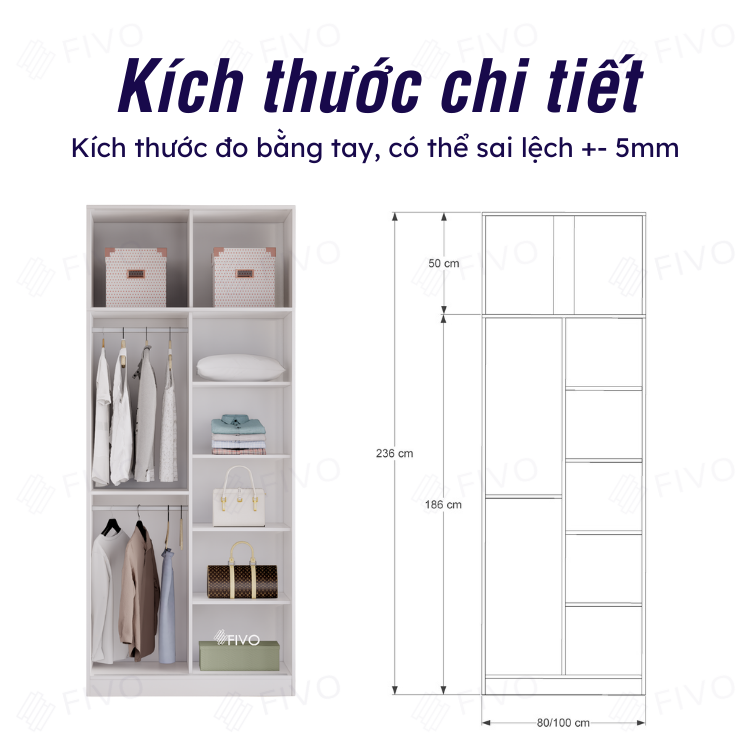 Tủ Đựng Quần Áo Cửa Lùa Gỗ MDF Lõi Xanh Chống Ẩm Cao Cấp FIVO FC31 Thẩm Mĩ Tiện Dụng, Dễ Dàng Lắp Ráp Phù hợp Với Mọi Không Gian - Màu Trắng