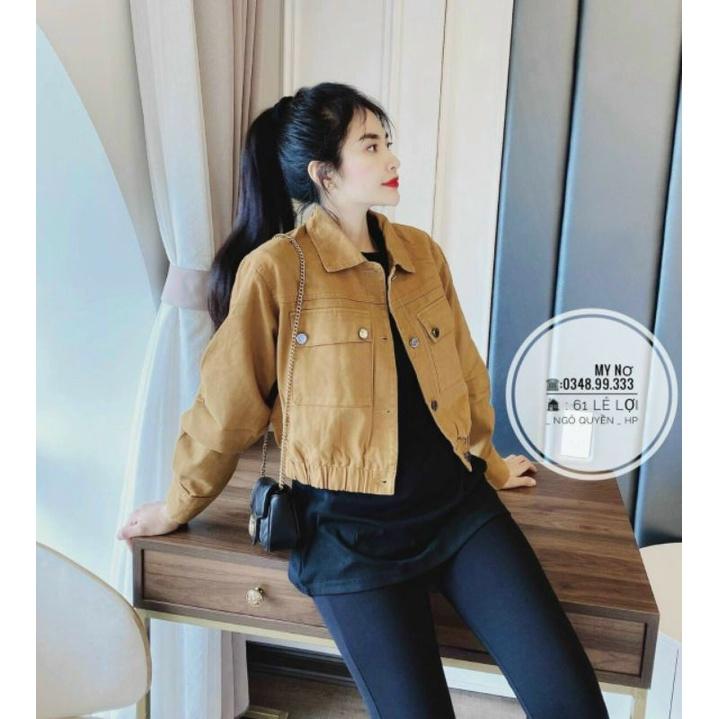 Áo khoác kaki lửng cổ bẻ bo thun cài nút túi ngực