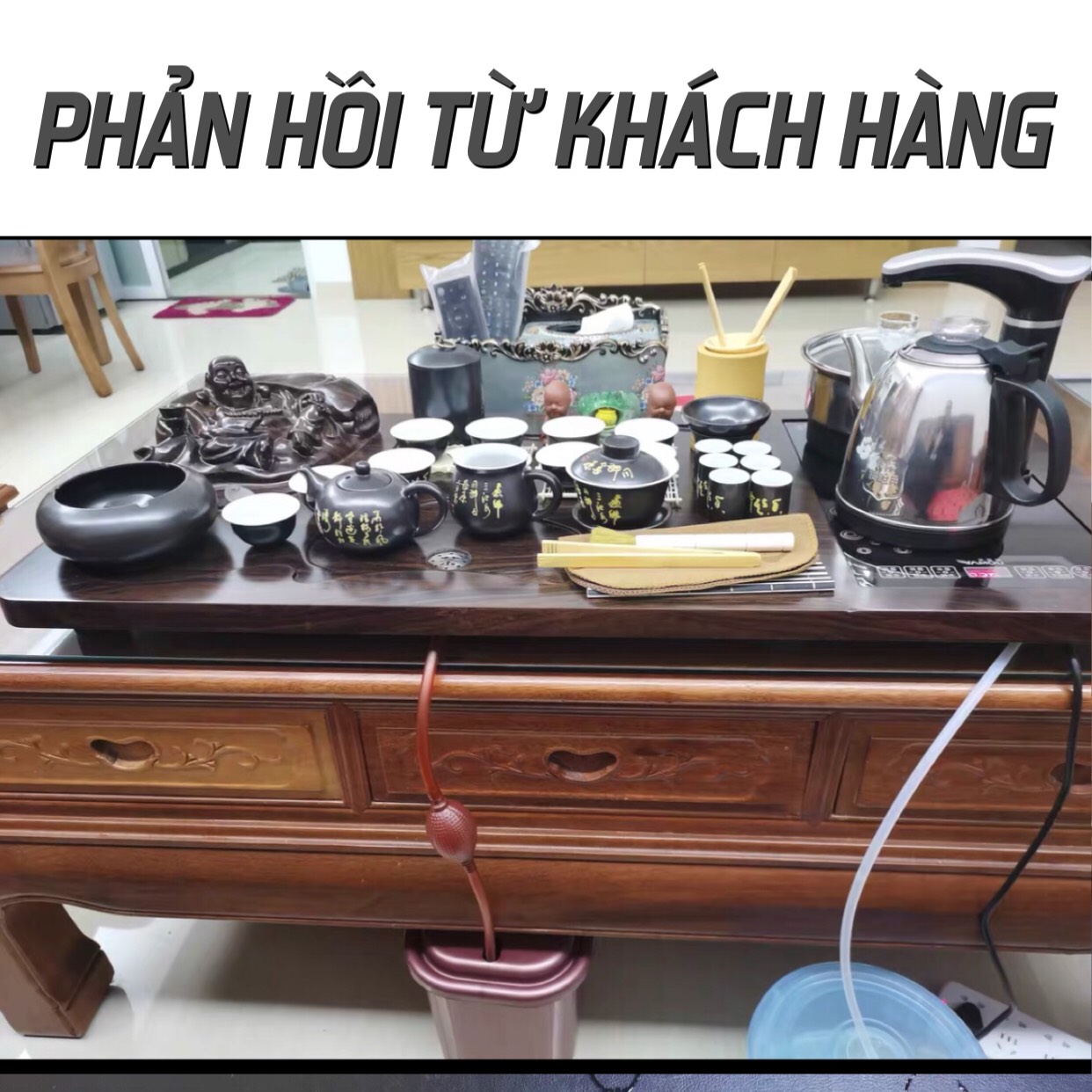 Bàn trà điện gỗ đa năng tự động ,phật di lặc 0917 ,Bếp đun nước inox cảm ứng thông minh kèm ấm chén trà đạo độc lạ gốm sứ tuỳ chọn ,sản phẩm bao gồm một bộ như hình