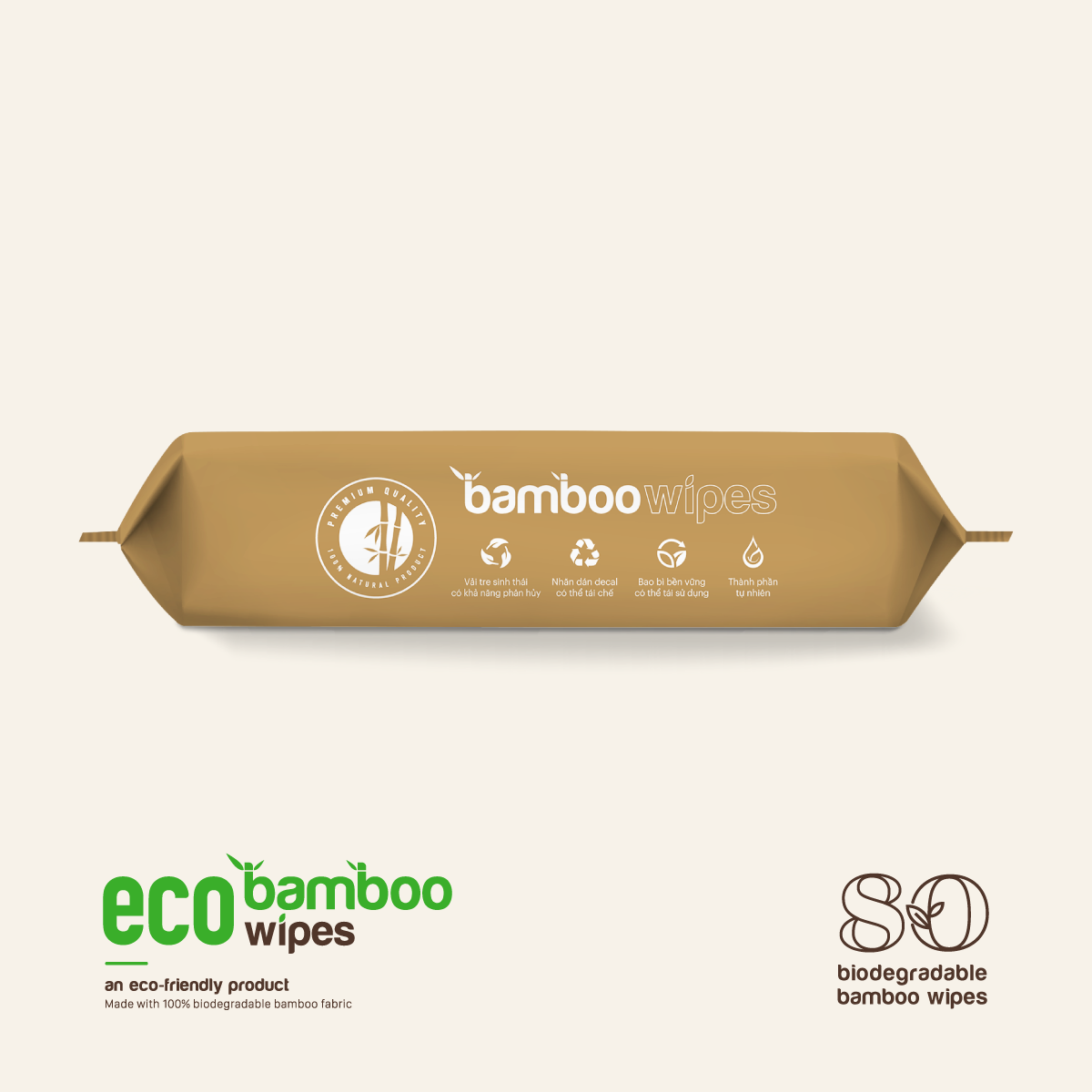 Khăn giấy ướt cao cấp EcoWipes gói 80 tờ vải sợi tre sinh thái Bamboo không mùi có thể phân hủy