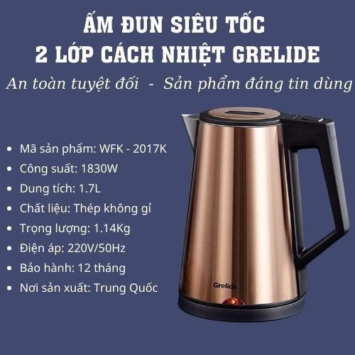 Hình ảnh Ấm đun siêu tốc 2 lớp cách nhiệt Grelide D2017k ( 1.7L) hàng chính hãng- thân bình bằng thép không gỉ, lòng ruột đúc inox nguyên khối. 