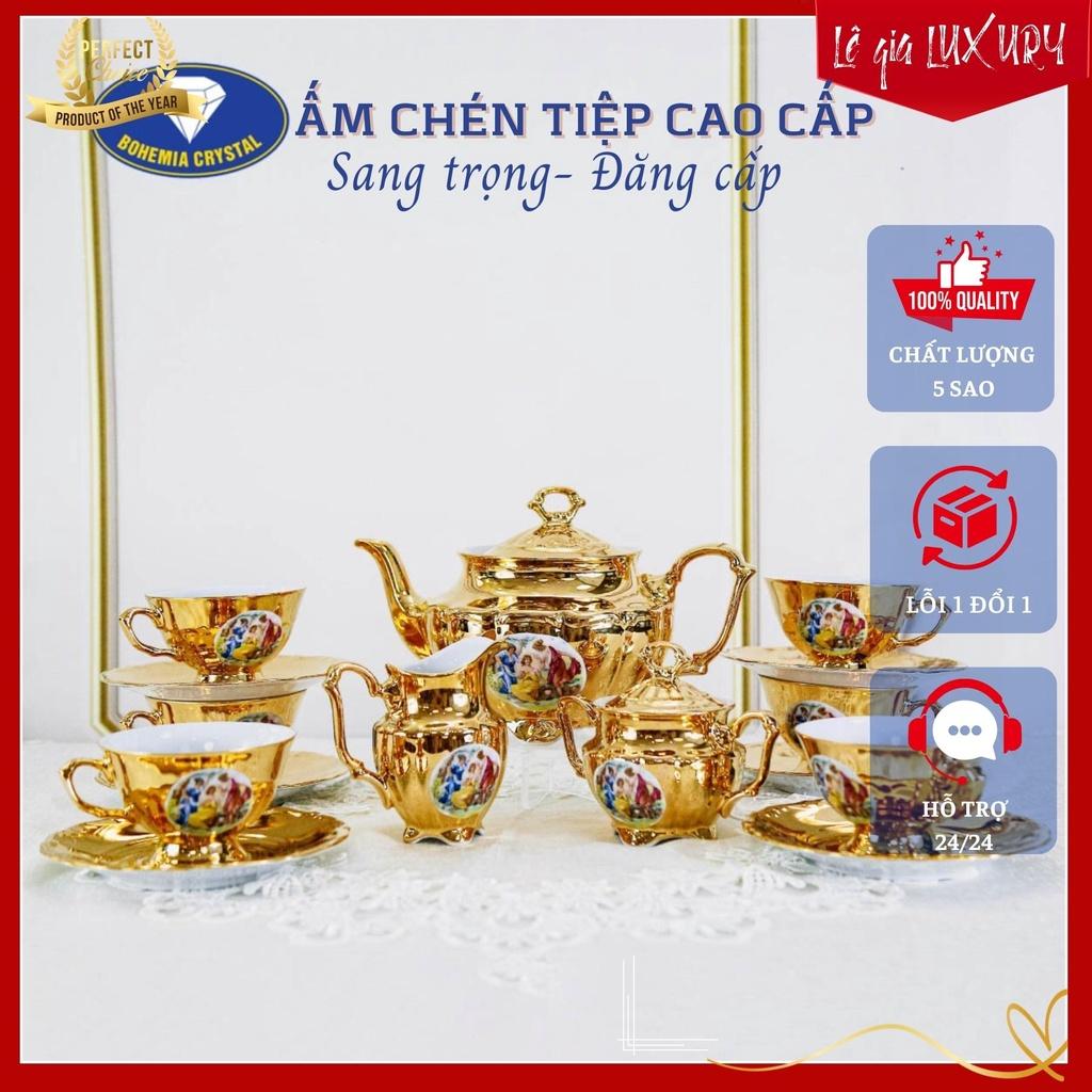 Bộ ấm chén trà mạ vàng TÂN CỔ ĐIỂN cao cấp Sang trọng, Gốm Sứ Tiệp Khắc, Ấm chén cao cấp mạ vàng 24K ACT3, Bộ ấm chén châu Âu