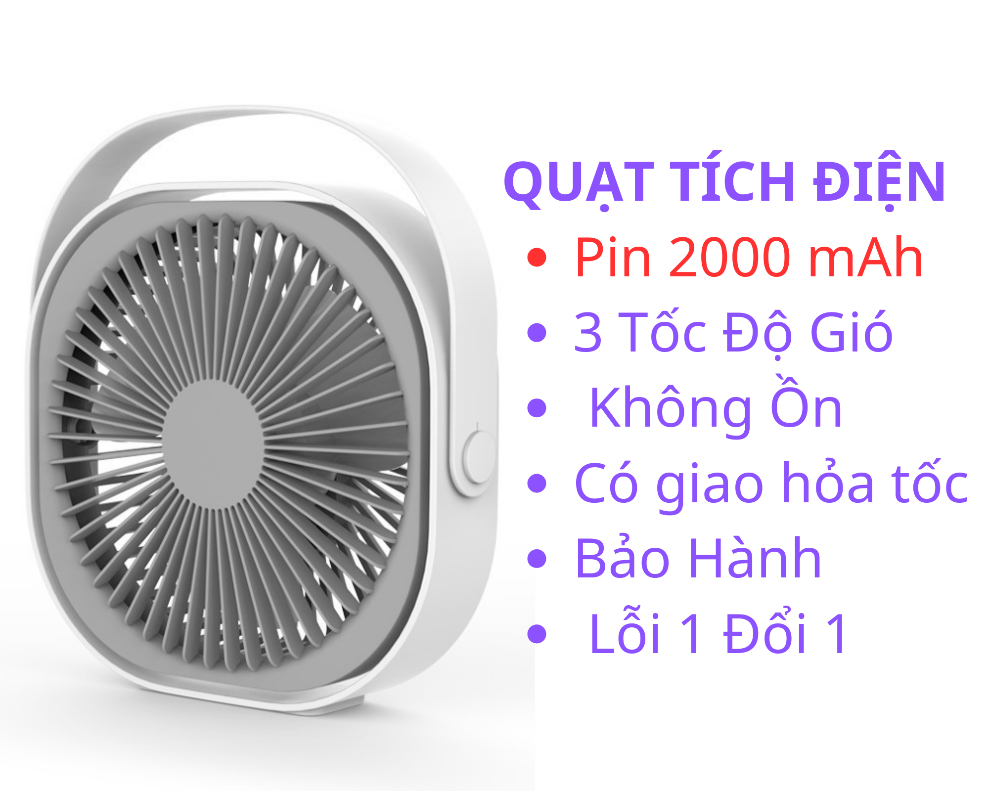 Quạt Mini Để Bàn M102, Quạt Tích Điện Dung Lượng Pin 4000 mAh, 3 Chế Độ Gió, Xoay 360 Độ - Hàng Chính Hãng