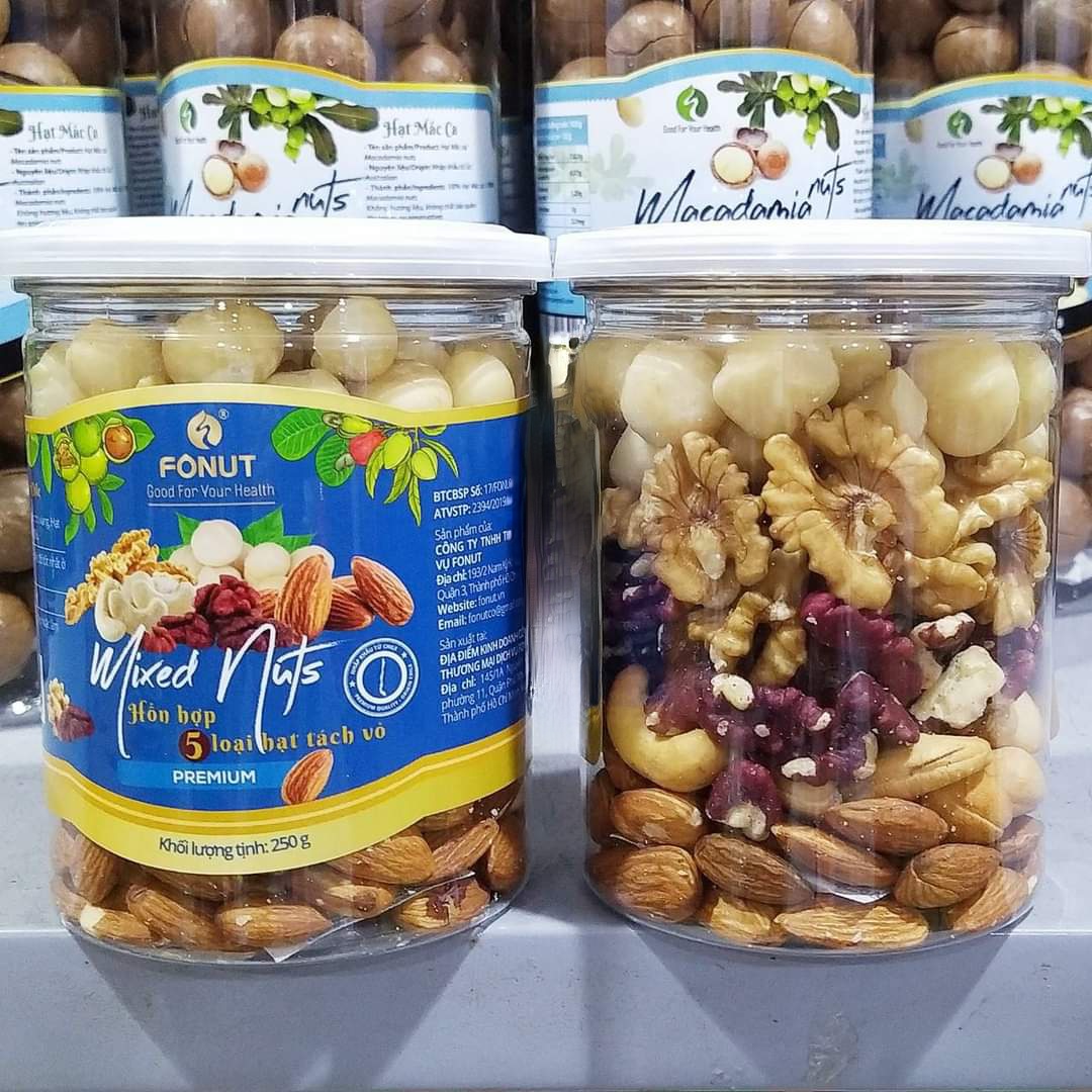 Mixed Nuts 5 loại hạt dinh dưỡng macca, hạt điều, óc chó đỏ, óc chó vàng, hạnh nhân đã tách vỏ ( hũ 250gr)