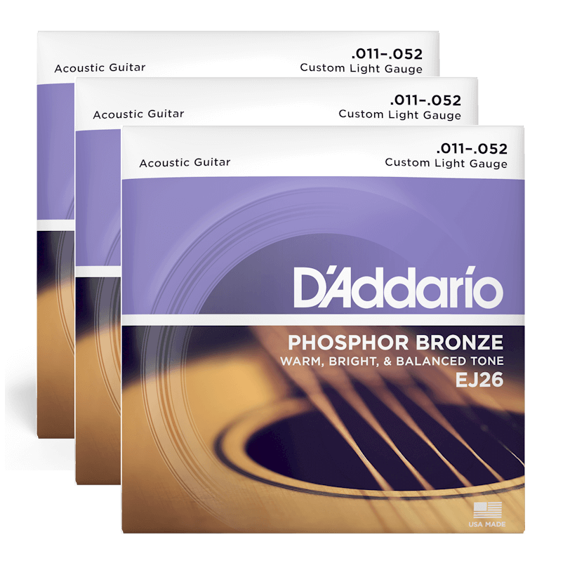 Combo 3 bộ dây đàn Guitar Acoustic/ Acoustic Guitar Strings - D'Addario EJ26 - Phosphor Bronze - Warm, Bright & Balanced Tone - Custom Light Gauge .011-.052 - Hàng chính hãng