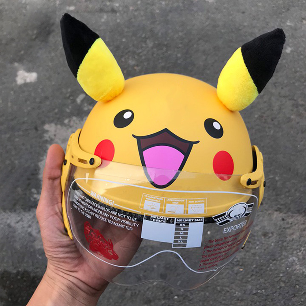 Mũ bảo hiểm bảo vệ đầu trẻ em có kính chống bụi cho bé Pikachu vàng có tai siêu dễ thương