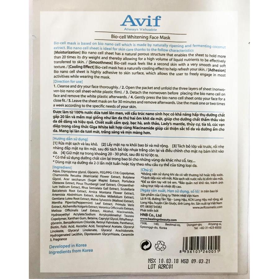 Mặt nạ Avif biocell dưỡng trắng da - Avif whitenig face mask