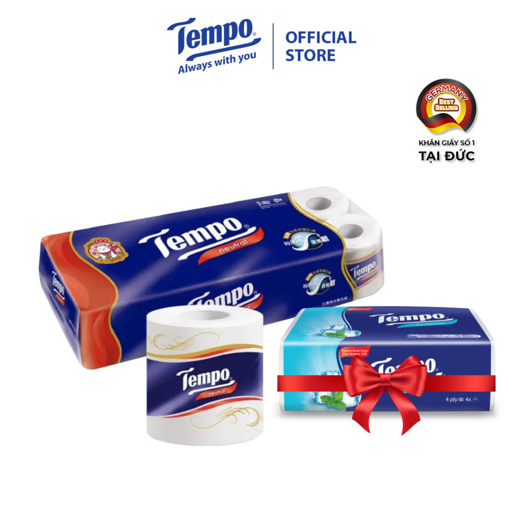 Giấy vệ sinh cao cấp Tempo Toipa - 3 lớp bền dai, an toàn cho da - Thương hiệu Đức (Lốc 10 Cuộn)