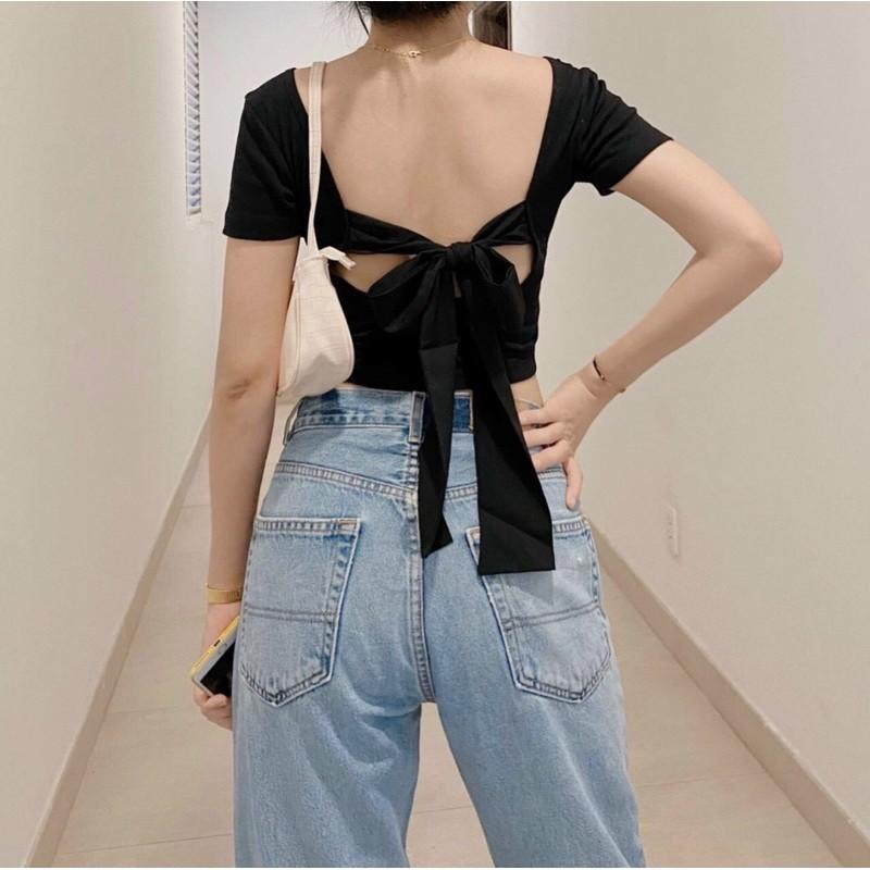 Áo croptop cổ U nơ sau cực xinh sịnÁo croptop hở lưng, khoe lưng tôn dáng