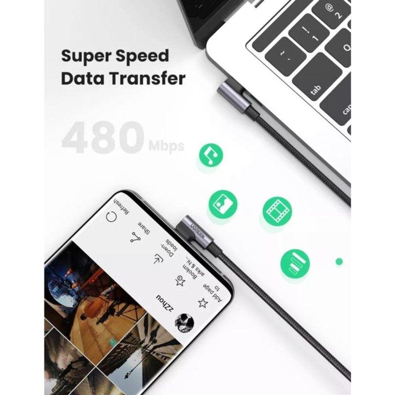 Ugreen UG70696US335TK 1M 2 đầu bẻ 90 độ vuông góc cáp USB type C màu đen bọc nhôm dây dù chống nhiễu - HÀNG CHÍNH HÃNG