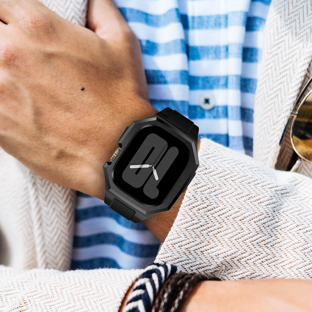 Ốp Case Vỏ Thép Không Gỉ bảo vệ tích hợp dây đeo Fluororubber cho Apple Watch Series 4/5/6/7/8/9/SE1,2 Size 44mm/45mm - Hàng Chính Hãng