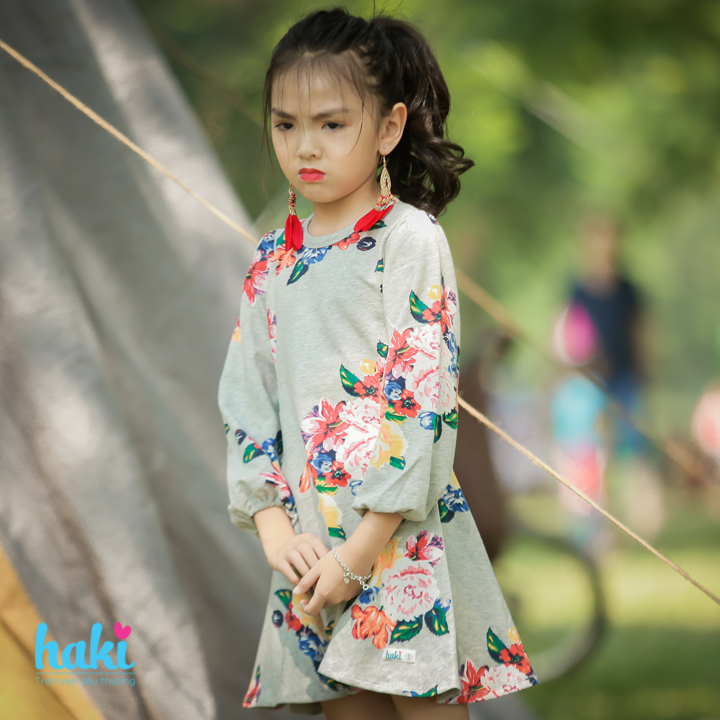 Váy Peony cho bé gái xinh yêu, đầm thu đông cho bé gái chất liệu Cotton da cá cao cấp xuất khẩu HAKI HK486 (10-26kg) - Màu xám