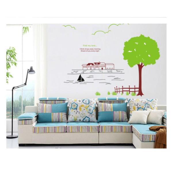 Decal trang trí cây xanh lớn và dòng sông