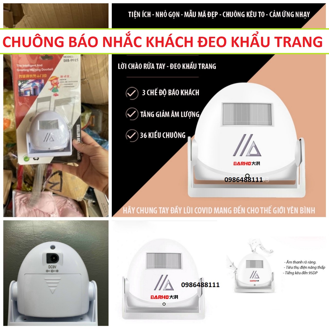 Bộ Chuông cửa nhắc khách đeo khẩu trang sát khuẩn tay tự động mẫu mới loại tốt siêu nhạy tặng nguồn