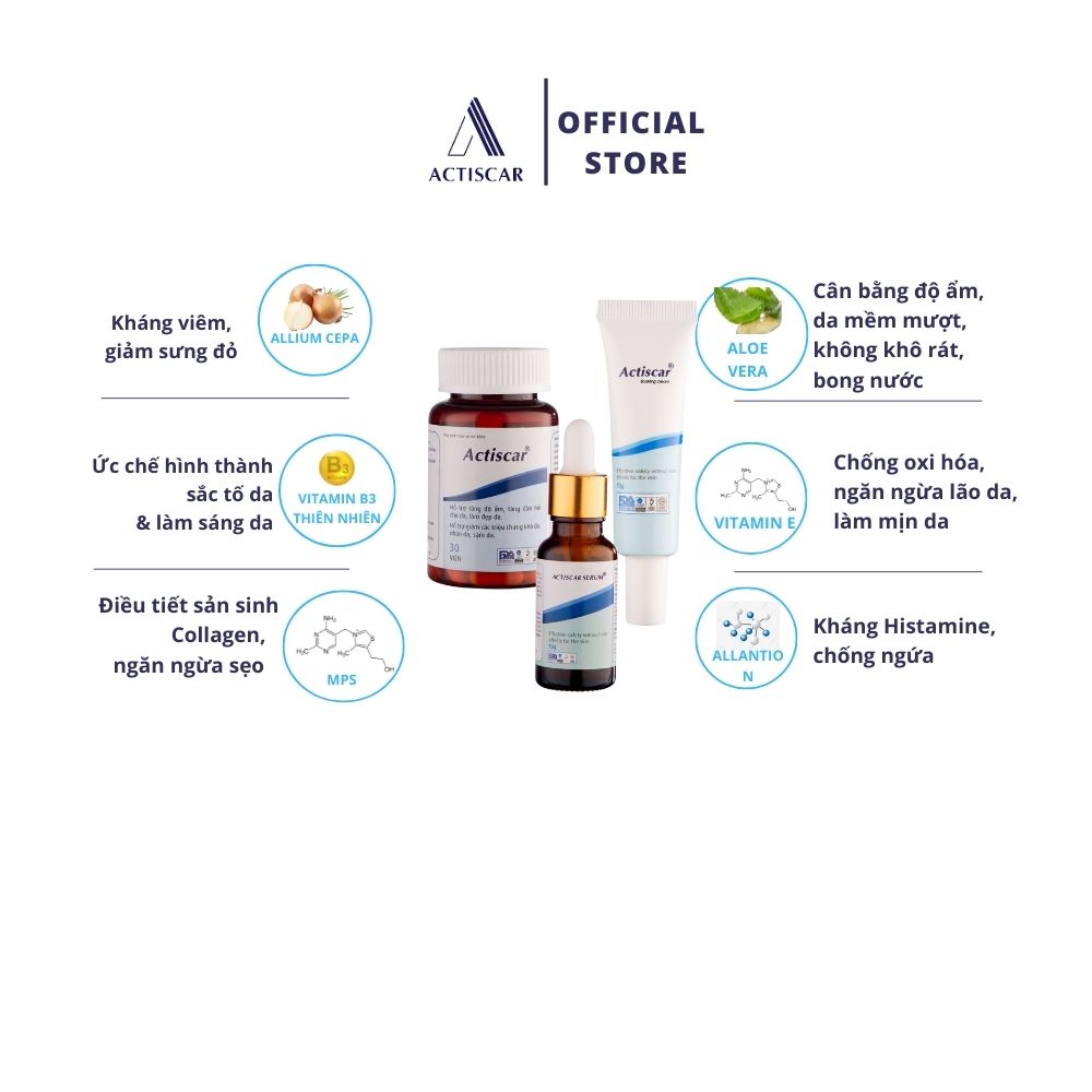 [Combo bộ 3 ]Hỗ Trợ Sẹo Actiscar gồm Kem + Serum + viên uống làm mờ sẹo Lồi, Lõm , Rỗ Thâm