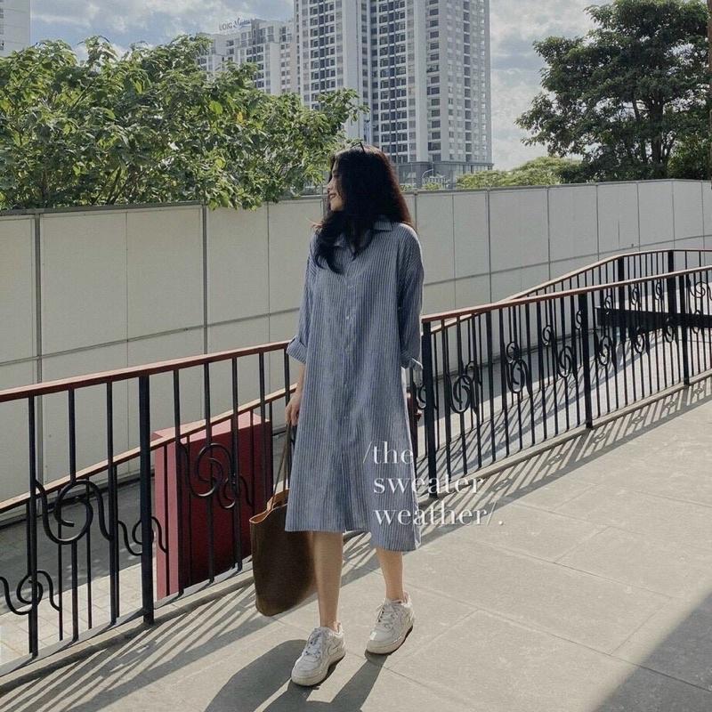Đầm Sơmi Sọc Xanh Vintage Đầm Sơmi Dài Tay siêu xinhh