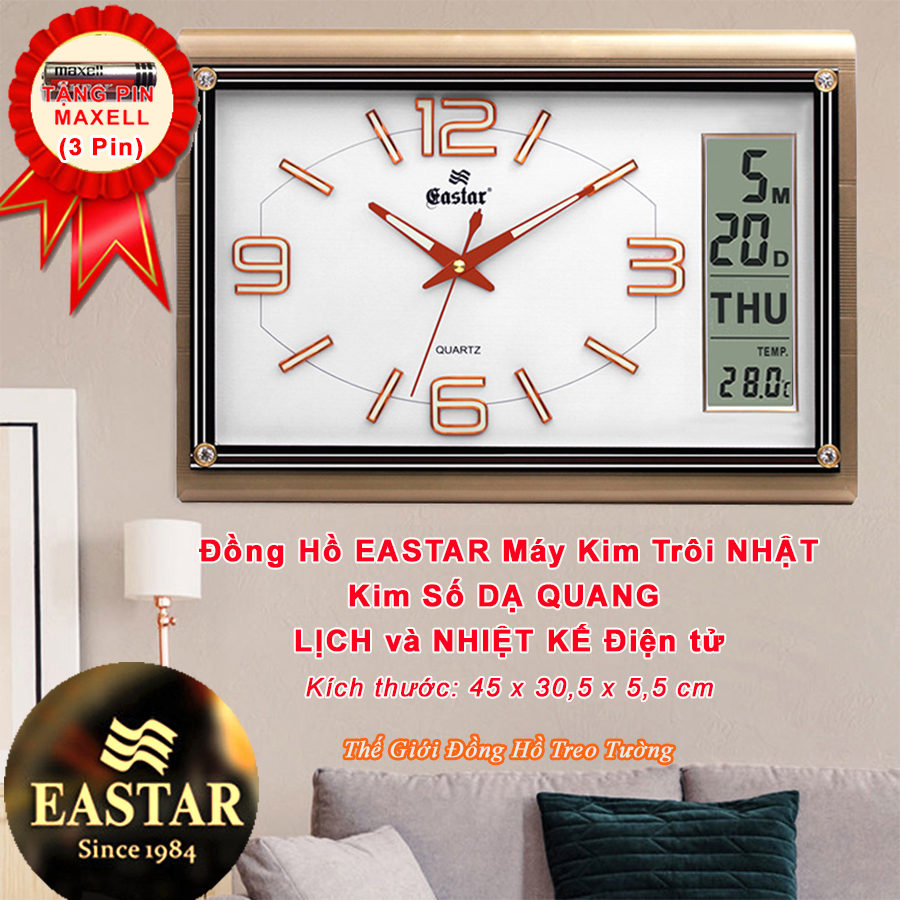 Đồng Hồ Cao Cấp EASTAR Có DẠ QUANG &amp; LỊCH và NHIỆT KẾ ĐIỆN TỬ - Máy KIM TRÔI - Tặng Pin Maxell - Decor Trang Trí Nhà - BH 1 Năm