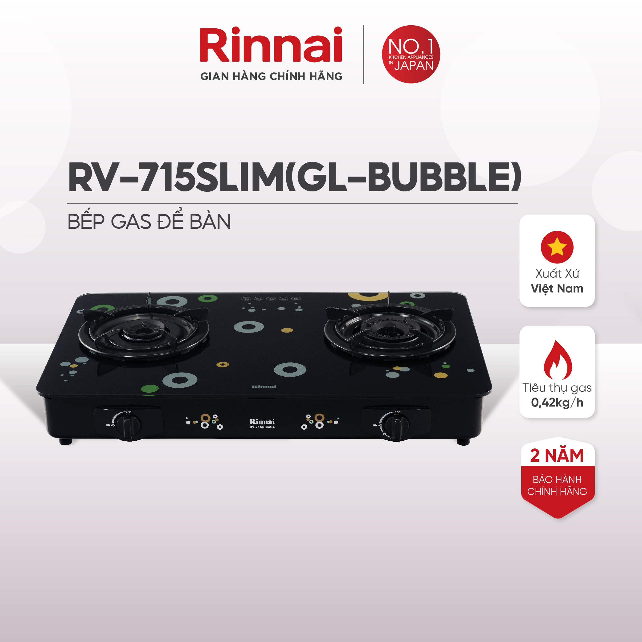 Bếp gas dương Rinnai RV-715Slim mặt bếp kính và kiềng bếp men - Hàng chính hãng.