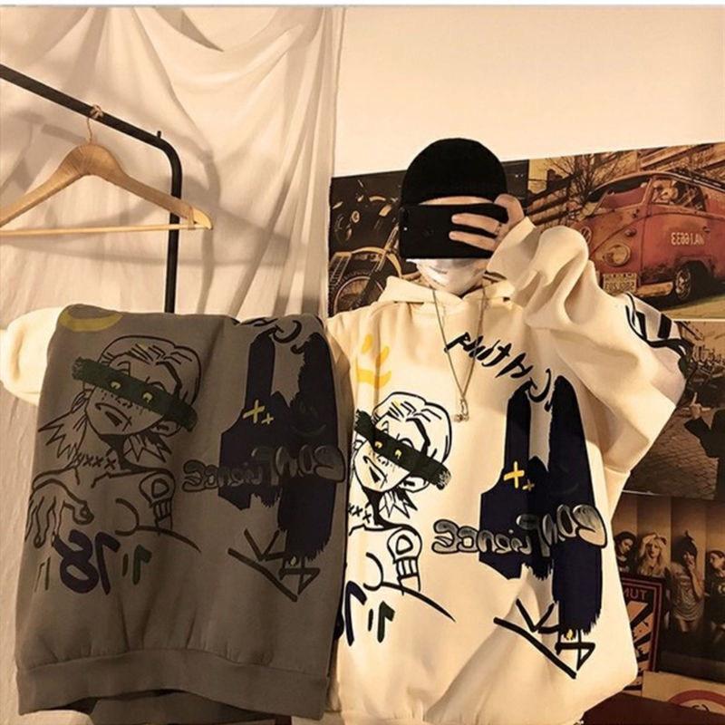Áo Hoodie Nam Nữ Tay Dài Mũ Nón Dáng Rộng In Hình Phong Cách Thu Đông