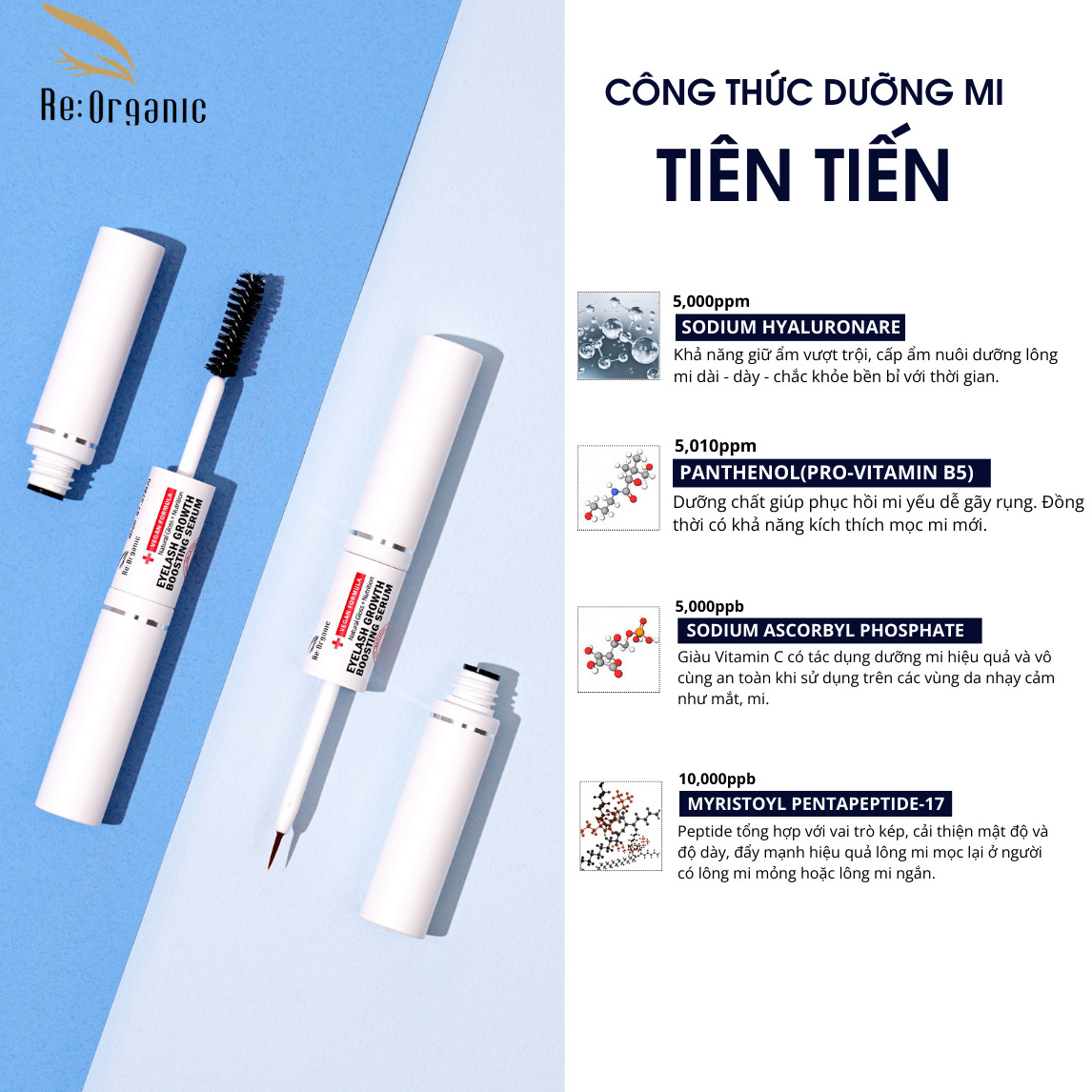 Tinh chất dưỡng mi thuần chay Re:Organic Eyelash Growth Boosting Serum 5ml x 2, chuốt dưỡng mi mày và chân tóc chắc khỏe