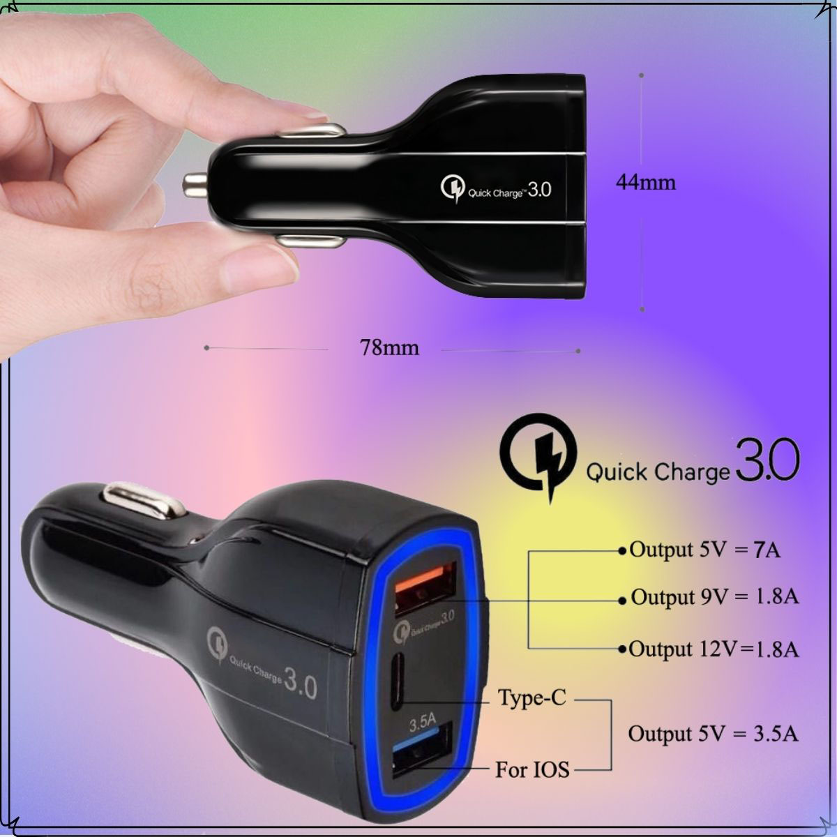 Bộ Tẩu Sạc Nhanh Xe Hơi 3 Đầu Cắm USB 7A -  USB Quick Charger 3.0 - Type-C Kép Cho Các Dòng iPhone, Samsung, Huawei